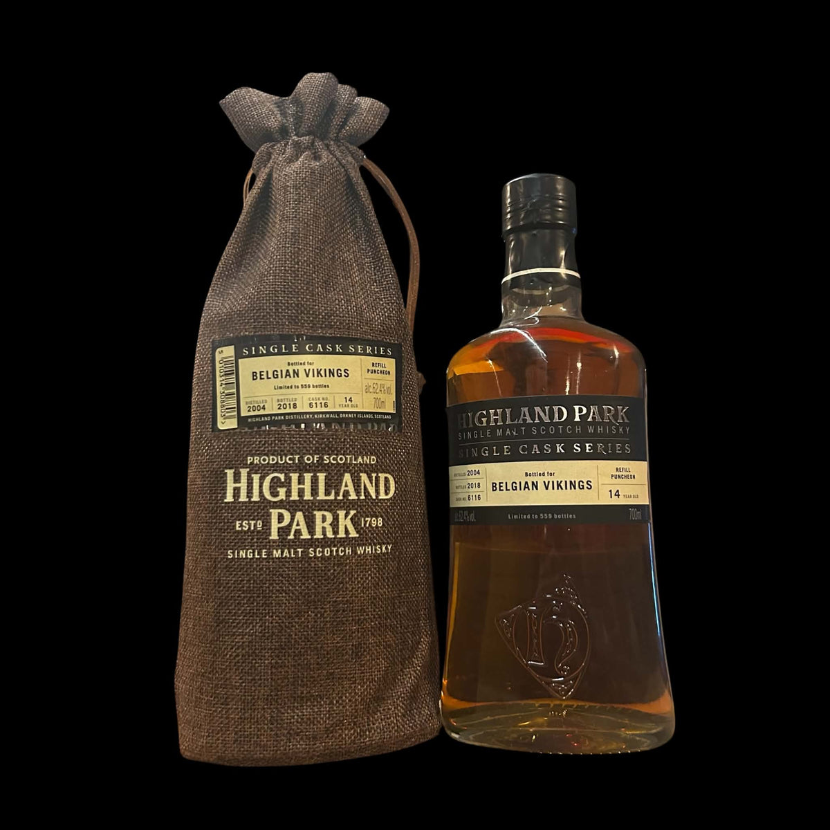 Highland Park Belgian Vikings 14 Years 2004 2018 Single Cask 6116 62,4% met jute zak